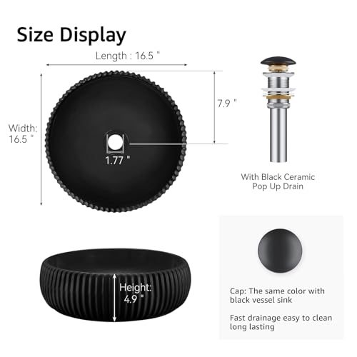ELLAI Round Vessel Sink Bathroom Sink Porcelain Ceramic Countertop Sink, Matte Black with Pop Up Drain 16.5\'\'x4.9\'\'
