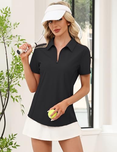 Image of LOMON Women's Short Sleeve Athletic Polo Shirt High Performance Stretch Quarter Zip Top for Golf Tennis