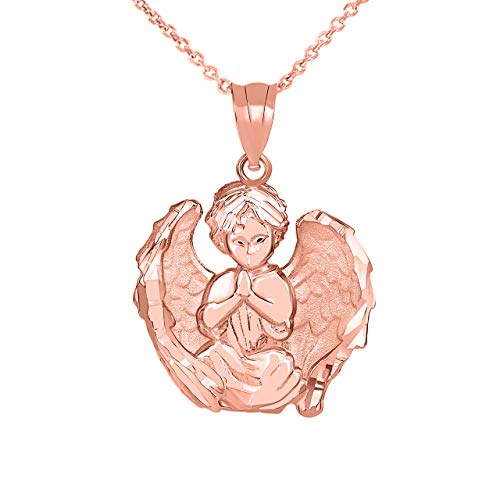 Matte Finish 14k Rose Gold Guardian Angel Praying Pendant Necklace (22")