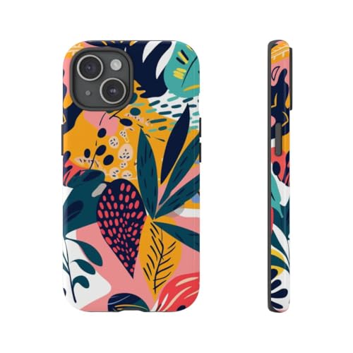 Coque rigide brillante pour iPhone 15 protection antichoc motif tropical multicolore