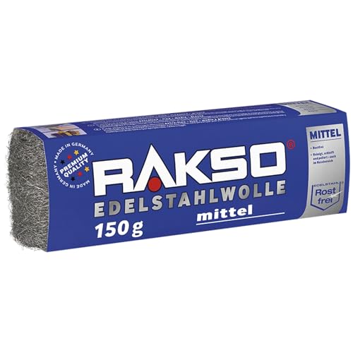 RAKSO Edelstahlwolle mittel - 150g, 1 Banderole, rostfrei, entfernt hartnäckige Ablagerungen von Fliesen, Keramik - Böden im Nassbereich