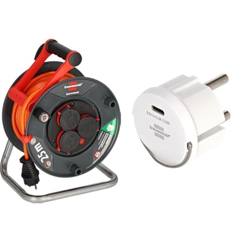 Brennenstuhl Garant V2 IP44 Kabeltrommel 25m outdoor (Made in Germany, 3 Schutzkontakt-Steckdosen, Überhitzungsschutz, kurzfristiger Einsatz im Außenbereich) + Brennenstuhl USB C Steckdosenadapter