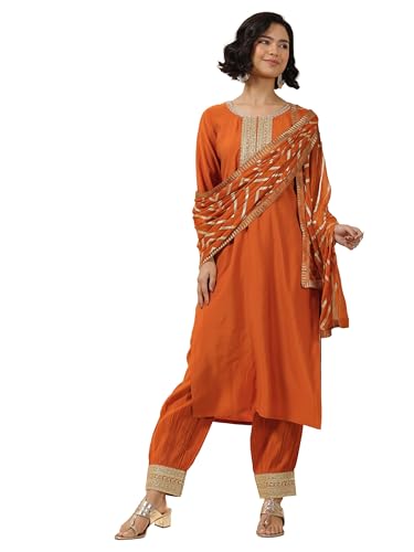 Image of Libas Embroidered Silk Blend Straight Kurta with Salwar and Dupatta