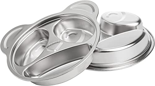 Stainless Steel Divided Meal Plate Tray-3 Compartments Dinner Dish for Baby- Toddler- Kids Eating Food- Bear Shaped