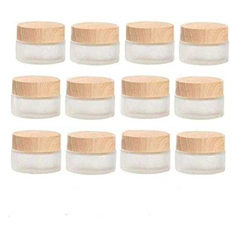 Healthcom 12 Packs 1 Oz Empty Jars 30ml Round Frosted Glass Cream Jar Bottles Holder with Wood Grain Lids Refillable Case Vial Pot Cosmetic Container Glass Bottles for Lotion Face Lip Balm Eye Cream Cover