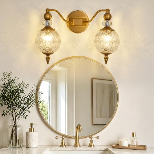 Image of Vintage Vanity Light 2 Light Gold Bathroom Light Fixtures Over Mirror