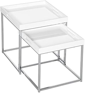 HOMCOM High Gloss Coffee Table Set of 2, Square Nest of Tables with Steel Frame for Living Room, White