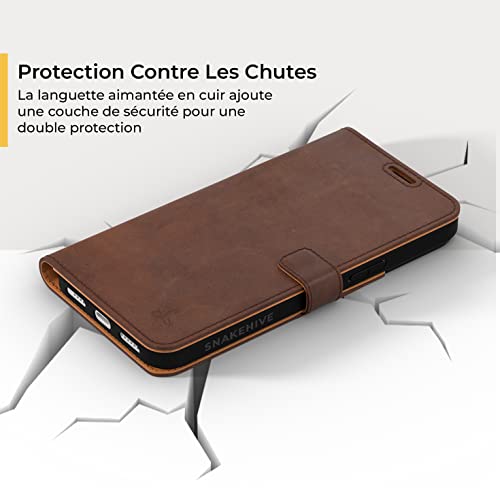 Coque portefeuille iPhone 14 Pro Max en cuir véritable marron d'exception