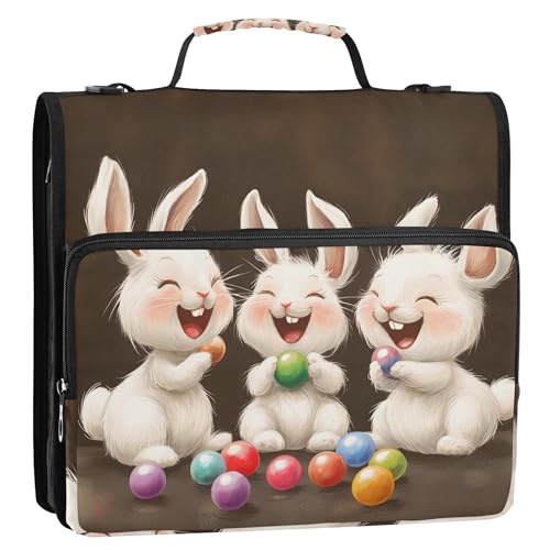 かわいいバニー イースターラビット 1.5インチ バインダー 3リング 高耐久 ジッパー式バインダー オーガナイザー キーパー バインダーバッグ ストラップ付き 学校 プロフェッショナル ポートフォリオ ケース リングフォルダーホルダー