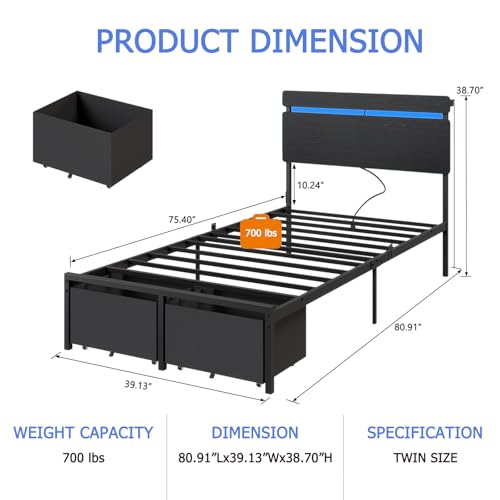 Image of Forestell Twin Bed Frames with Wood Headboard, Black Platform Bed with 2 Storage Drawers & Shelf, Built in Charging Station & LED Lights, Metal Support, No Box Spring Needed, Camas Twin Size