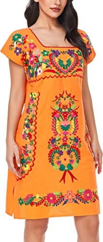 Image of YZXDORWJ Women Mexican Embroidered Dress Ruffle Collar Sleeveless