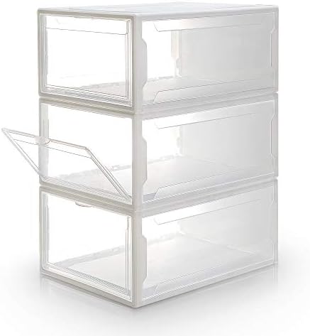 Homde Reinforced Shoe Boxes Pack of 3 Stackable Shoe Storage Rack White Frame with Clear Body (Large)