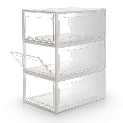Homde Reinforced Shoe Boxes Pack Of 3 Stackable Shoe Storage Rack White Frame With Clear Body (Large) #TOP12