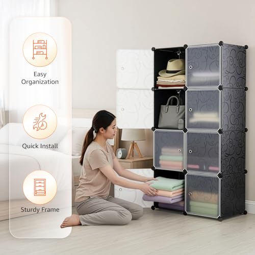 Image of Amazon Basics Plastic Modular Wardrobe Storage Cabinet for Home | 8 Cube Organizer with Doors | DIY Foldable Closet for Clothes, Shoes & Accessories | Black | 75 x 37 x 146 cm