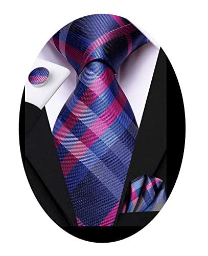Hi-Tie Navy Blue Rose Ties for Men 70'' Silk Men's Ties Set Plaid Checks Necktie and Pocket Square Cufflinks for Wedding