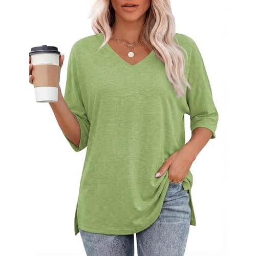 Totatuit Womens Oversized Tee Shirts Short Sleeve V Neck Blouse Side Slit Basic Tshirts Loose Fit Tunic Tops Army Green X-Large