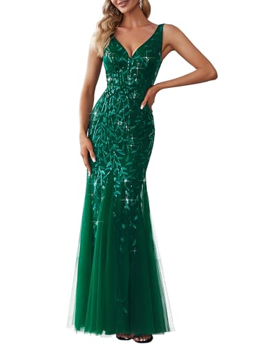 Ever-Pretty Women's Formal Dress Sequin Tulle Double V-Neck Sleeveless Mermaid Long Evening Dress 07886