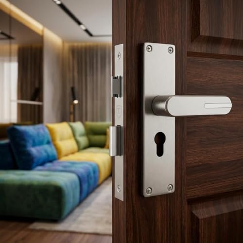 Image of Mortise Main Door Lock Handle Set |Satin Matt Finish | 8 inch Zinc lockset 1001 CY, | 6-Lever 65 mm Brass Cylindrical Lock | Suitable for Left & Right Handed Living Room Doors, Bedroom Door