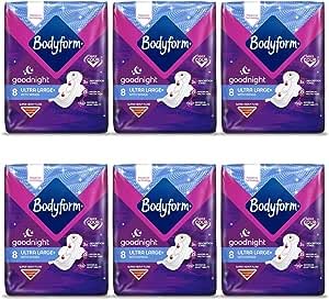 Bodyform Ultra Goodnight Sanitary Towels with Wings, 48 (8 x6 Packs) Period Pads for Night use, Super Heavy Flow, Cour-V Ultra Night (Pck of 6) (Pack of 6)