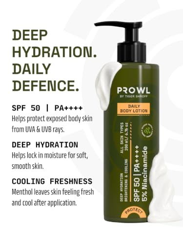 Image of PROWL by Tiger Shroff Men Body Lotion SPF 50 PA++++ with 5% Niacinamide | Daily Body Sunscreen Moisturiser for Deep Hydration & Brightening | Dry Skin, All Skin Types | Moisturizer Bodylotion | 200ml