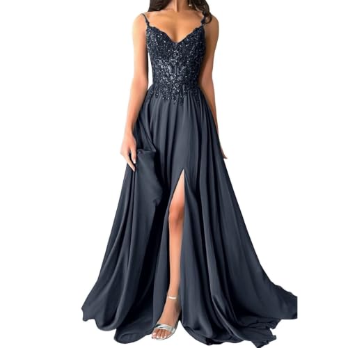 Robe de bal longue en mousseline fluide bleu marine pour masquer les rondeurs avec élégance
