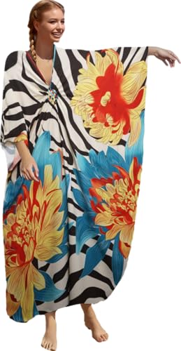 RanRui Floral Kaftan Dresses for Women Plus Size Beach Cover Up Silk Kaftans with Batwing Sleeves