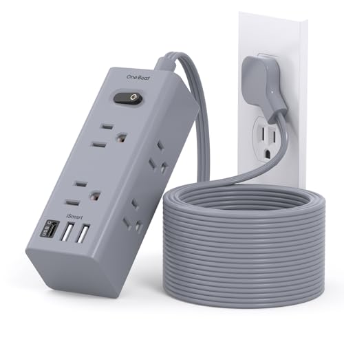 15Ft Extension Cord with Multiple Outlets, Flat Plug Power Strip Surge Protector with 15 Ft Long Cord, 6 Outlet 3 USB Ports (1 USB C), Multi Outlet Wall Plug for Travel, College, Dorm Essentials-Grey