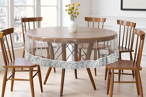 Image of The Furnishing Tree Round Shaped 4 Seater Transparent Table Cover WxL 60x60 inches 0.25 mm Thickness with Silver Lace