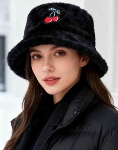 Image of Bucket Hat Women Furry Fuzzy Bucket Hats for Ladies, Winter Warm Fluffy Plush Faux Fur Hat for Women