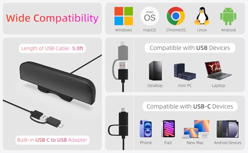 Image of Computer Speakers for Desktop PC, Monitor Speakers, USB Plug-in, Wired, External Speaker for Laptop, Small Computer Soundbar for PC, with Loud Sound, Deep Bass, USB-C Adapter, Easily Clamp to Monitor