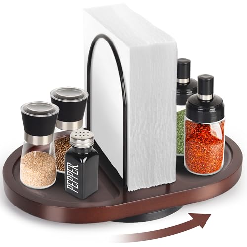 Primo Lines NP-1 Wooden Rotating Napkin Holder with Salt and Pepper Shakers, Rustic Metal Caddy Napkin Storage for Table, Kitchen Countertop, Dining Table Decor