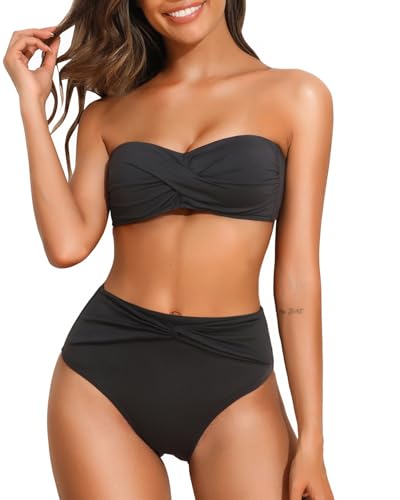 Tempt Me Women Bandeau Bikini Set Twist Strapless Two Piece Swimsuit High Cut High Waisted Bathing Suits