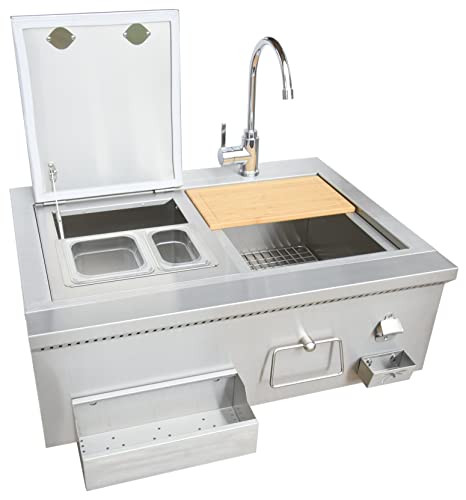 KoKoMo Grills 30" Built-In Bartender Cocktail Station with Sink, Ice Chest, Bottle Opener, and Faucet 304 Stainless Steel Outdoor Kitchen Farmhouse Bar Sink BBQ Island Prep Station with Cutting Board