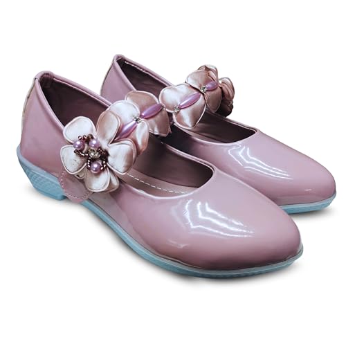 Image of Girls' Patent Mary Jane Shoes with Floral Embellishment, Attractive Colour's, Pearl Flower Welcro Bellies |DMND-3|