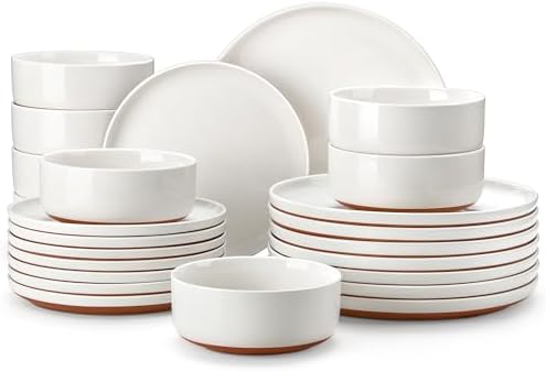 MALACASA Plates and Bowls Sets, 24 Pieces Modern Ceramic Dinnerwa...