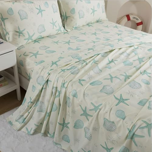 Image of FADFAY 100% Cotton Coastal Sheet Set Full - Ultra Soft Breathable Beach Bedding, Seafoam Green Starfish & Seashell Print, Ocean Themed Bed Sheets for Coastal Bedroom Decor, Deep Pocket, 4 Piece Set