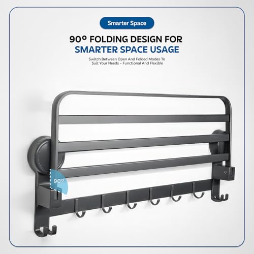 Image of Amazon Basics Suction Towel Rack for Bathroom, No Drill Wall Mounted Aluminum Towel Holder with Hooks, Self Adhesive Rustproof Bathroom Towel Hanger, Damage-Free Install