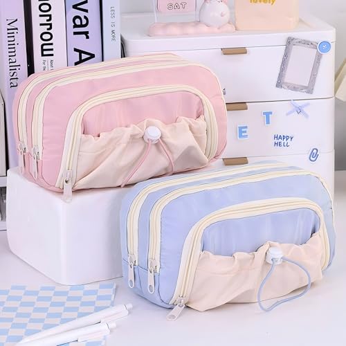Image of Large Pencil Pouch Big Pencil Case Big Capacity Aesthetic Pen Cosmetic Bag Pen Stationery Organizer Simple, College Office Home Travel Storage Bag (Pink)