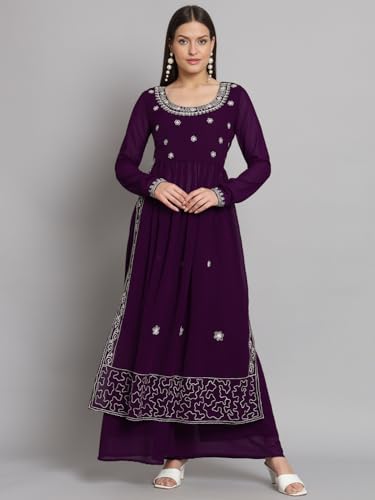 Image of PH POSHAKHUB Women A-Line Nyra Cut Kurta with Sharara in Georgette with Aari Work