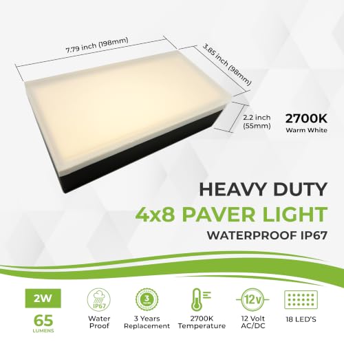 Image of LUMENGY Paver Light 4x8 Inch (3.85 x 7.79), 2700K Warm White, Glare-Free Brick Lighting for Driveways, Walkways, Pool Decks and Patios, 12V Hardwired, IP67 Waterproof, Drive-Over Rated