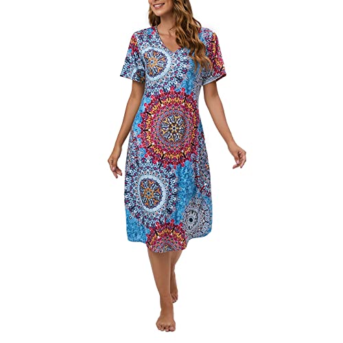 Hotolove Women's Sleepwear Soft Lady Nighties Casual Nightshirts Lightweight Comfy Short-Sleeved Long Nightgowns with Pockets Full Slip Sleep Nightshirt Sleepwear Lounge Dress Mixblue XL