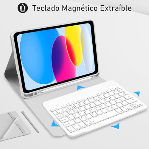 Funda con Teclado Español Ñ para iPad 10.ª Generación 2022, iPad 10,9 Pulgadas con Teclado, Ultra Delgada Funda con Portalápices,Teclado Bluetooth Magnético Desmontable para 10.ª Gen 2022- Gris - imagen 5