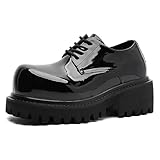 Gradient Patent Leather Platform Oxfords for Men’s Big Round Toe Chunky Heel Derby Shoes Casual Fashion Lace Up Business Dress Shoes for Formal Office (Patent Black,9)