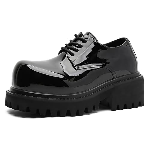 Gradient Patent Leather Platform Oxfords for Men’s Big Round Toe Chunky Heel Derby Shoes Casual Fashion Lace Up Business Dress Shoes for Formal Office (Patent Black,9)