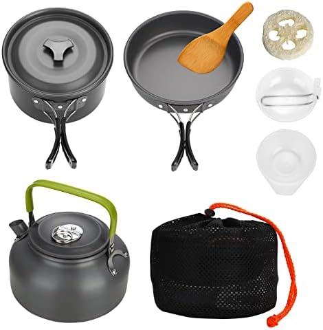 Foldable Lightweight Camping Cookware Set – 9pcs Non-Stick Folding Nesting Kettle Pots and Pans Sets for Campfire with Lid | Backpacker Must Haves Outdoor Tent Campers Aluminum Cooking Gear 1-4 People