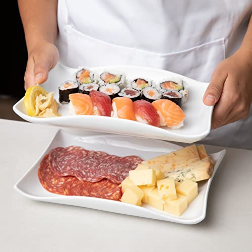 Bruntmor Appetizer Plate Set Of 4 Elegant Matte 10"X7" Rectangular Curvy Ceramic Restaurant Christmas Platter | Serving Inner Fluted Dessert Salad Plates, Christmas Eve - White Color. #TOP4