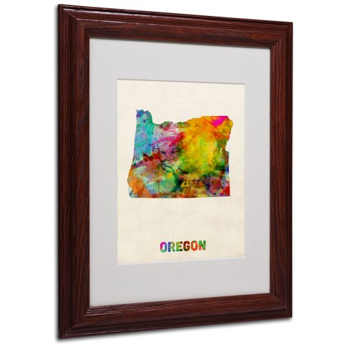 Trademark Fine Art Oregon Map Matted Framed Art by Michael Tompsett in Wood Frame, 11 by 14-Inch