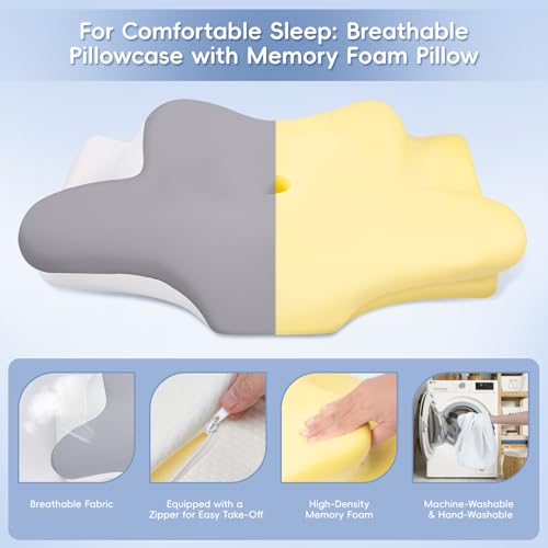 Image of Cervical Neck Pillow, Memory Foam Pillows for Neck & Shoulder Pain Relief, 2 Heights Ergonomic Pillow with Breathable Ice Silk Cover, Neck Support Pillow for Stomach Sleepers Grey