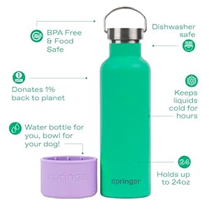 Springer Dog and Me 24oz Stainless Steel Insulated Water Bottle Cold for 12 Hours–Portable Dog Water Bottle with Integrated Travel Water Bowl for Dogs Portable Dog Water Bottle–LilacGreen
