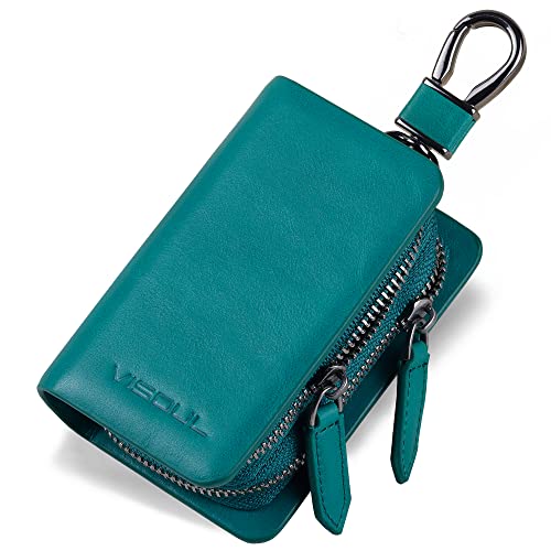 VISOUL Car Key Case Holder Double Zipper, Leather Car Smart Key Fob Case with Keychain for Men and Women-Lake Blue